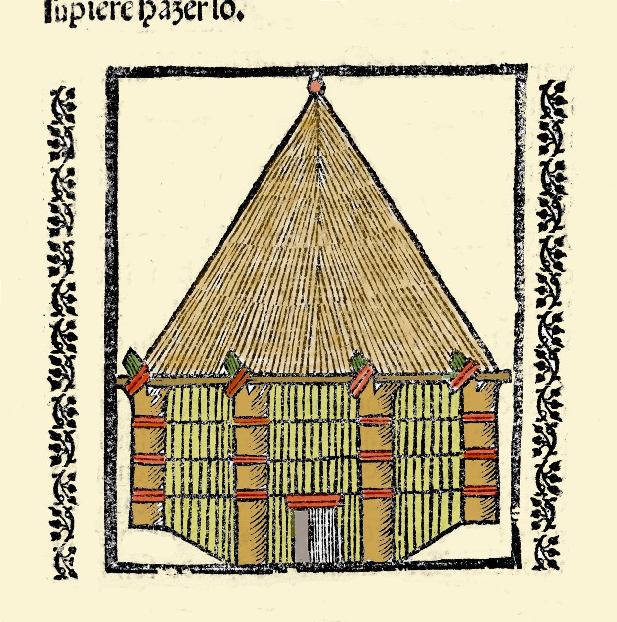 Habitat: descrição do Cabane des Indigenes Caraibes. Gravura do livro "Historia general de las Indias, islas y tierra firme del mar oceano" de Gonzalo Fernandez de Oviedo (Gonzalo) ou Fernandez de, ou Hernandez de Oviedo y Valdes (1478-1557) de Spanish School