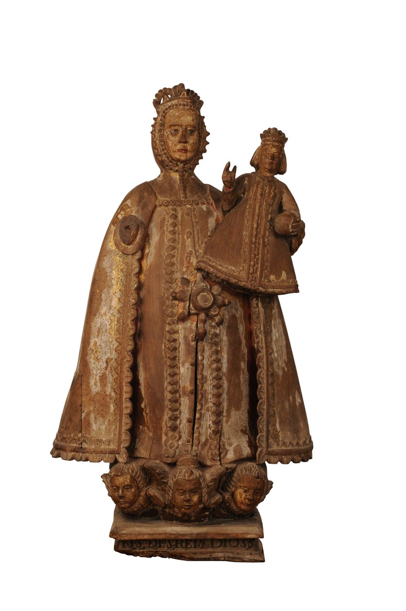 Talha de madeira dura da Madonna e criança, Colonial Espanhola (madeira dura) de Spanish School