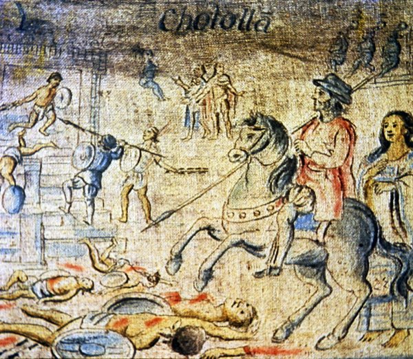 Hernan Cortes cavalga sobre os mortos após a batalha de Cholula com Dona Marina, a sua amante e intérprete a andar para trás (cor litho) de Spanish School