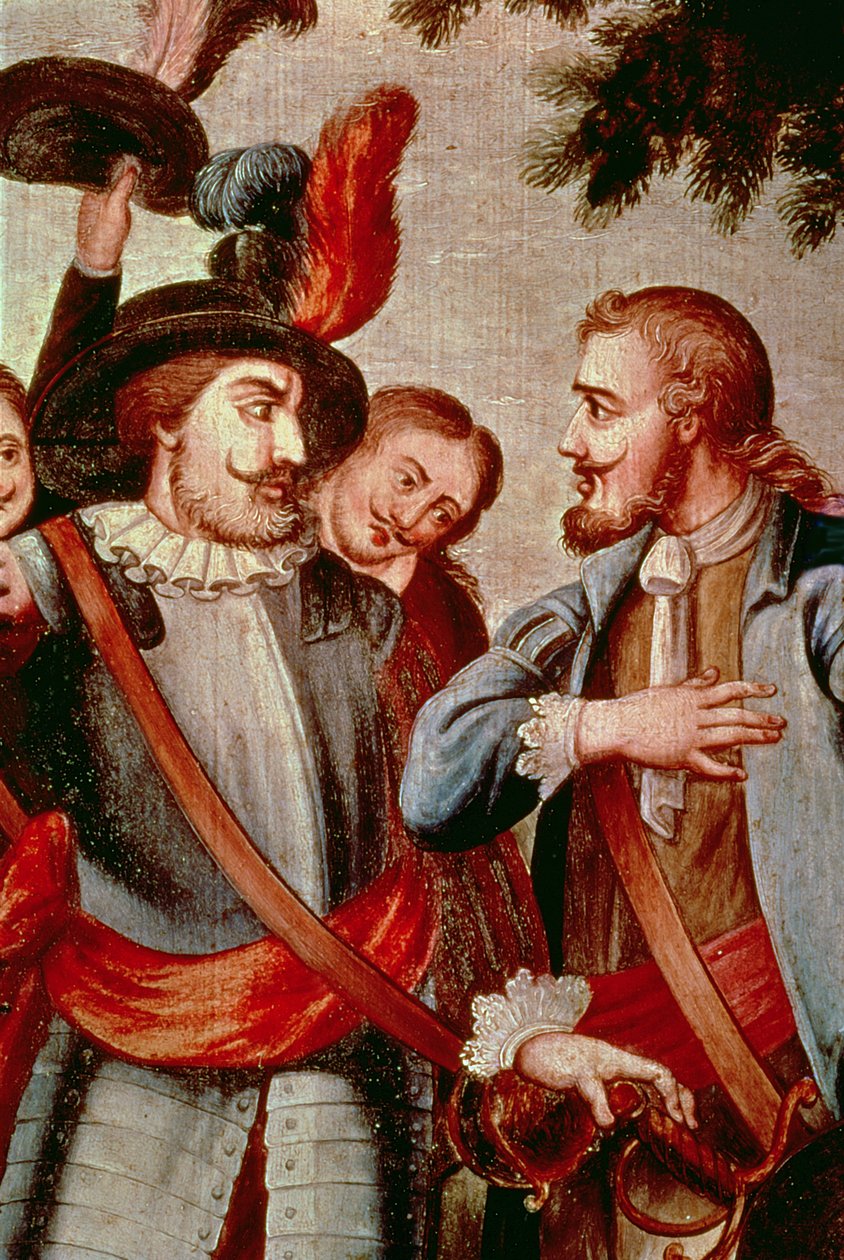 Hernando Cortes (1485-1547) e Diego di Velasquez (1465-1524) (óleo sobre tela) (detalhe) (ver 113574) de Spanish School