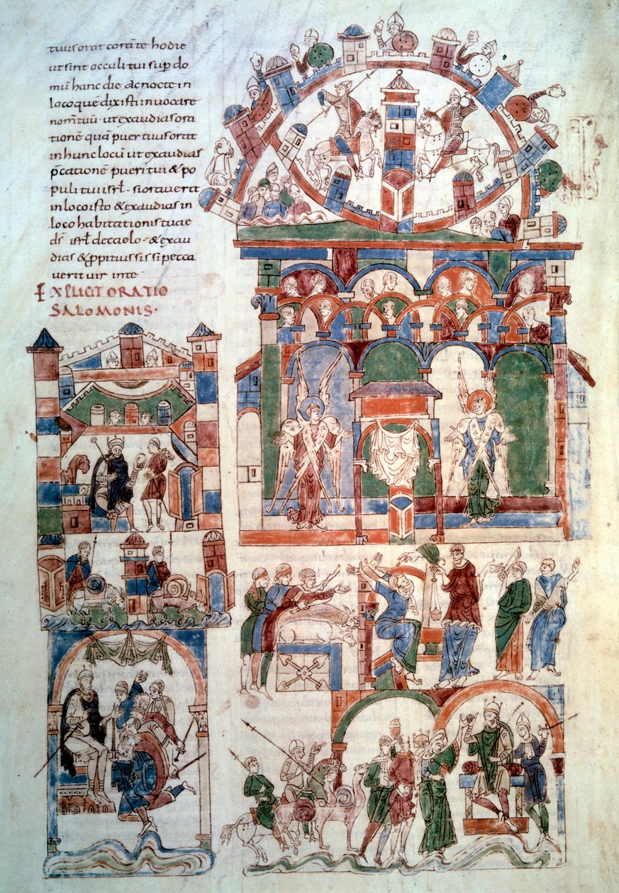 História de Salomão: Página "Rei Salomão recebendo o tributo" (fol. 129 v;) retirada de "A Bíblia de Roda" (homem. lat. 6) feita na Espanha no século XI. Paris, B.N. de Spanish School