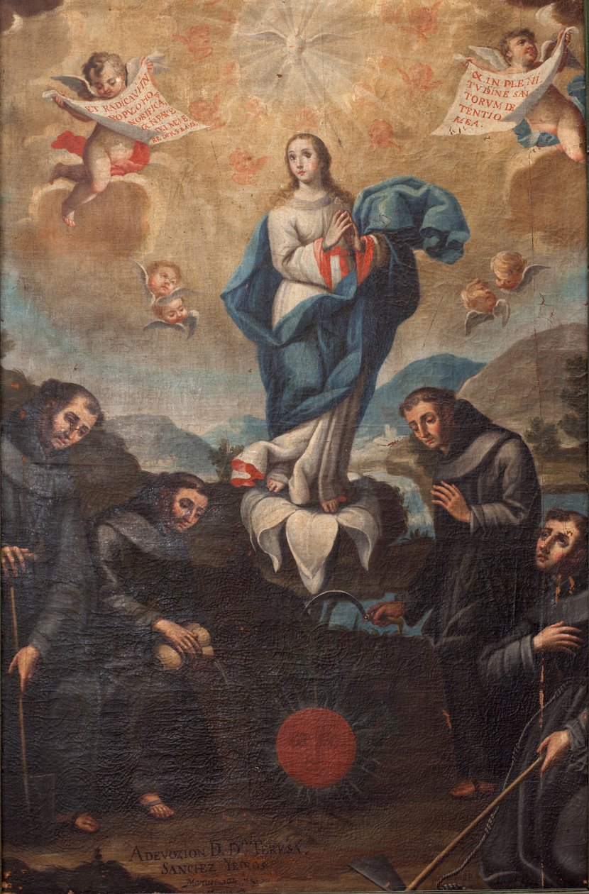 Imaculada Conceição com franciscanos horticultores. Origem do coro. Assinado no fundo esquerdo "ADEVOZION DE DA TERESA, Sanchez Yepros ?". Século XVIII. Juan Sánchez. de Spanish School