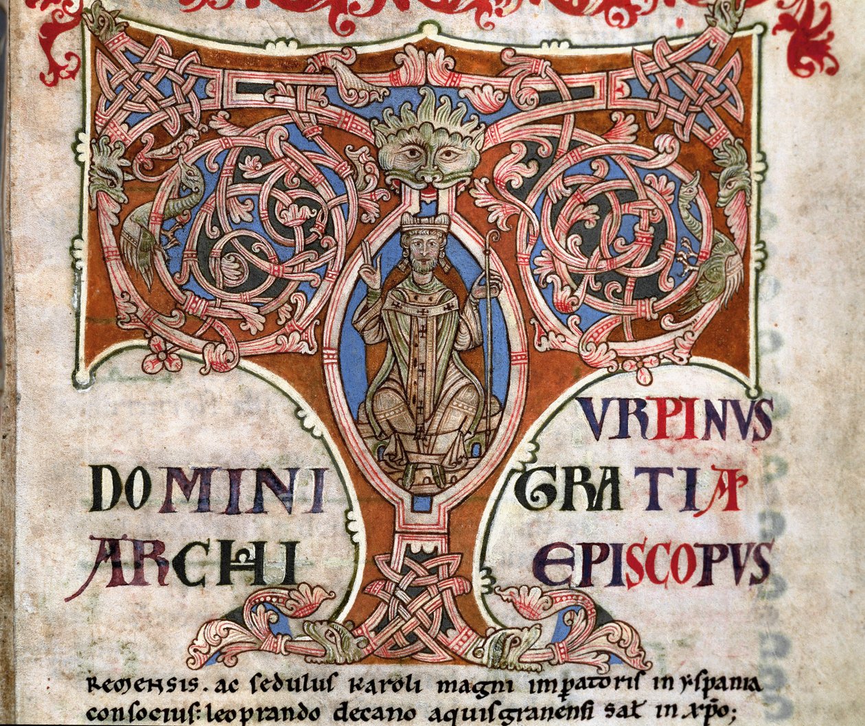 T inicial com uma representação de Carlos Magno, ilustração do Codex Calixtinus, c.1140 de Spanish School
