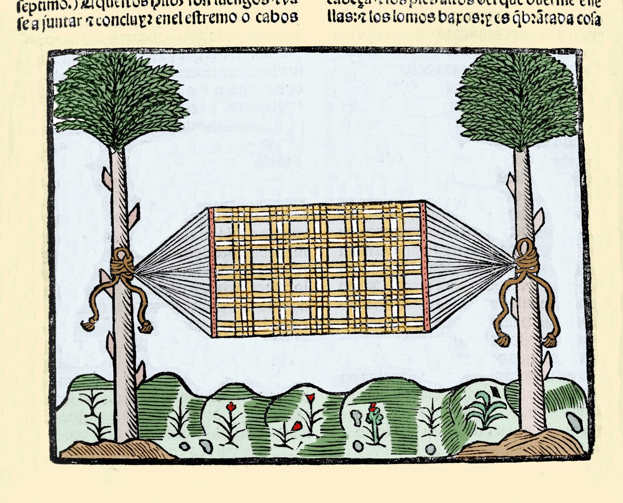 Invenção da rede: esta invenção revolucionou a vida dos marinheiros a bordo dos navios. Eles dormiam antes no convés molhado. Gravura do livro "Historia general de las Indias, islas y tierra firme del mar oceano" de Gonzalo Fernandez de Oviedo (Gonz de Spanish School