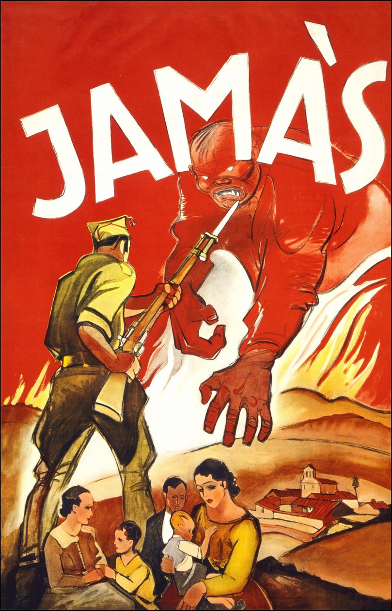 Jamàs ("Nunca"), cartaz publicado durante a Guerra Espanhola mostrando um soldado que protege famílias espanholas. Entre 1936 e 1939. de Spanish School