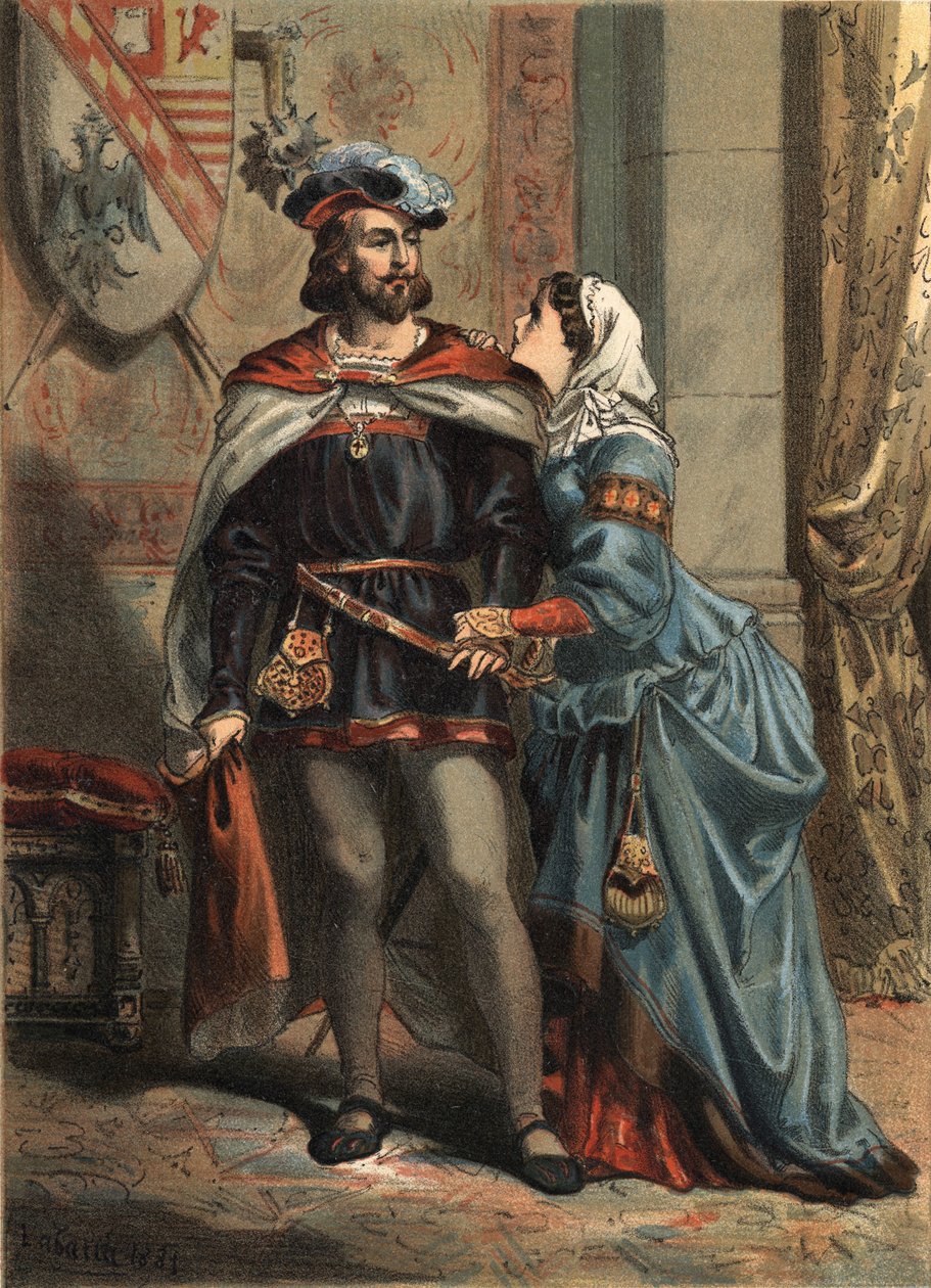 Joana de Espanha conhecida como La Folle (1479-1555), rainha de Castela e seu esposo Philippe Le Beau (1478-1506) rei de Espanha e arquiduque da Áustria em "El Culto de la Hermosura" de Juan Justo Huguet, Molinas Hermanos editores de Spanish School