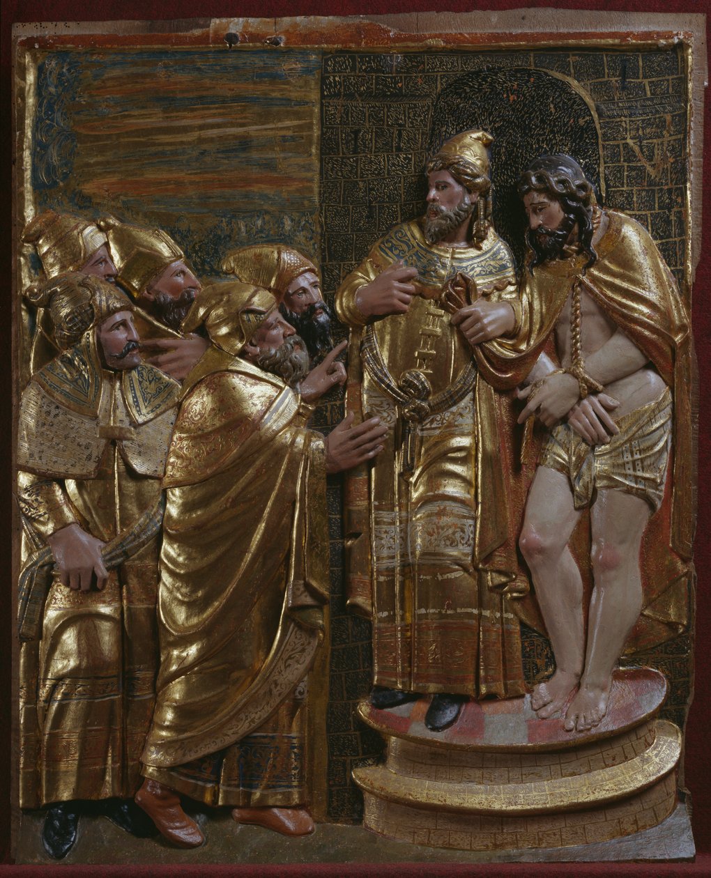 Jesus em frente de Caifás, detalhe de um retábulo renascentista (madeira pintada e dourada) de Spanish School