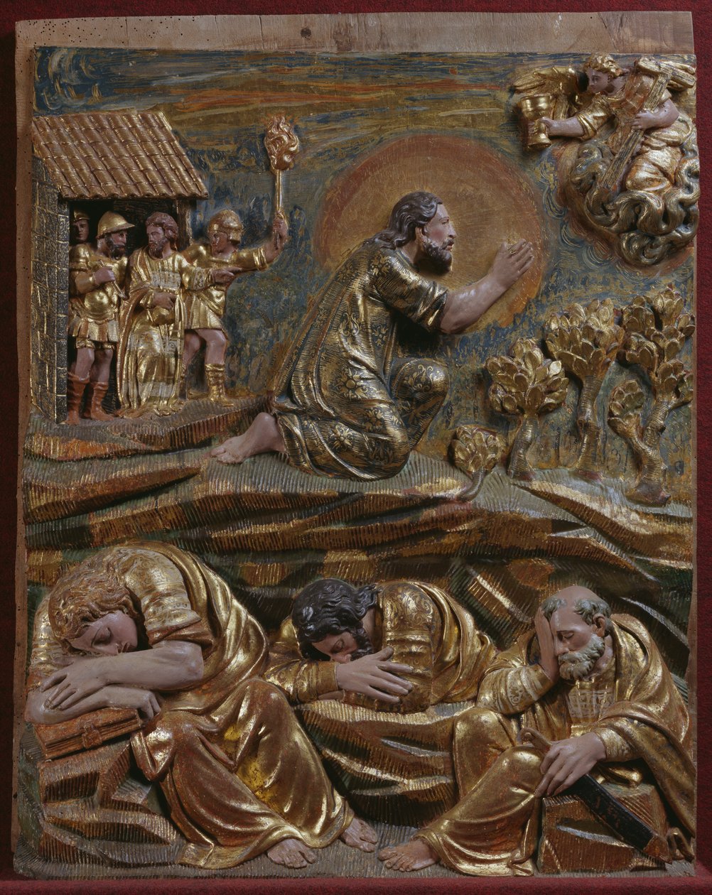 Jesus no Jardim do Getsêmani, detalhe de um retábulo da Renascença (madeira pintada e dourada) de Spanish School