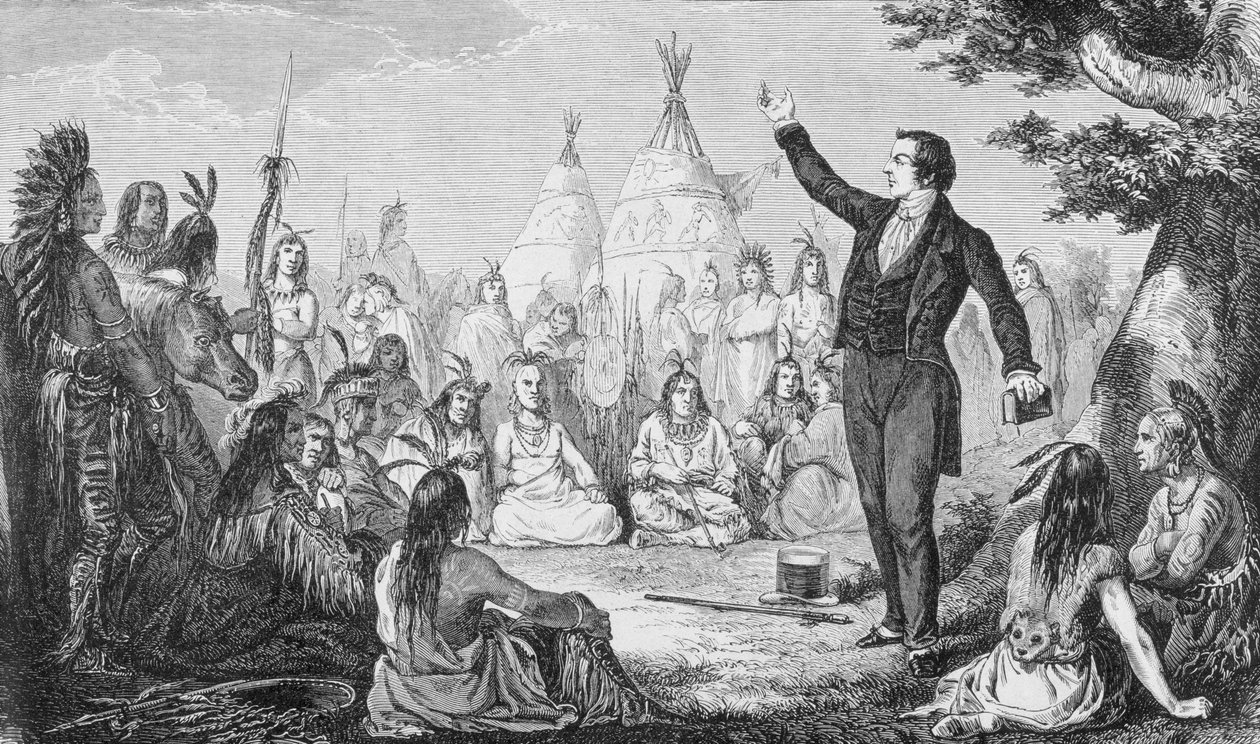 Joseph Smith, Fundador da Igreja Mórmon, Pregação aos Índios, de &39;La Vuelta al Mundo&39;, publicado em Madri, 1865 (gravura) de Spanish School