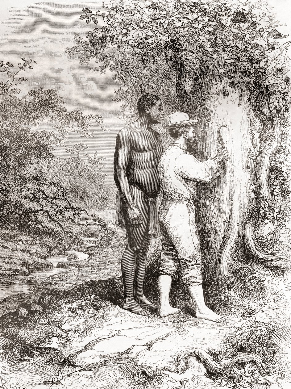 Jules Crevaux, durante sua exploração da Guiana Francesa em 1878, esculpindo suas iniciais em uma árvore às margens do Oiapoque ou Rio Oiapoque de Spanish School