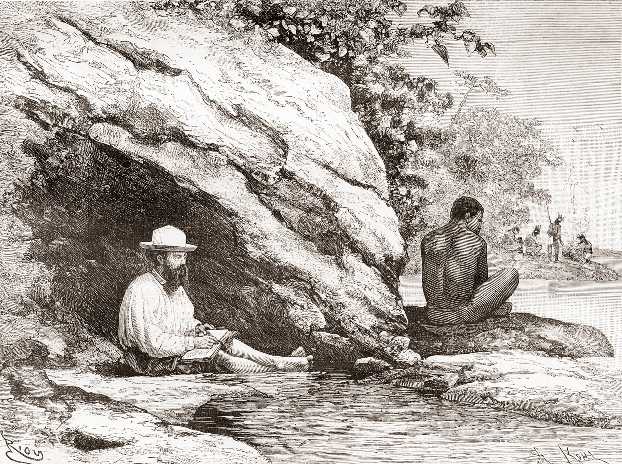Jules Crevaux, durante a sua exploração da Guiana Francesa em 1878, à sombra de uma rocha nas margens do rio Oiapoque ou Oiapoque de Spanish School