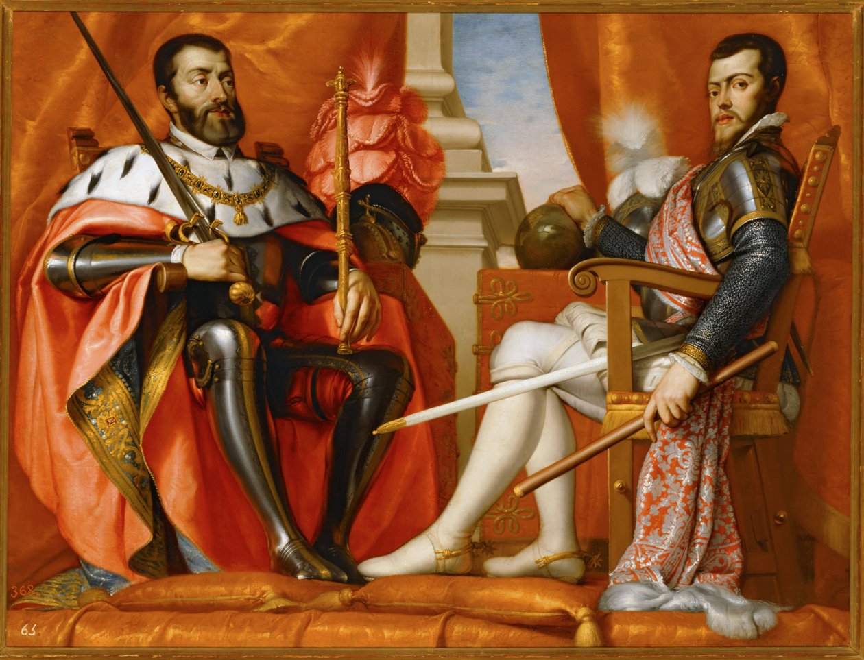 Carlos V com o seu filho Filipe II ... (pintura sobre tela) de Spanish School