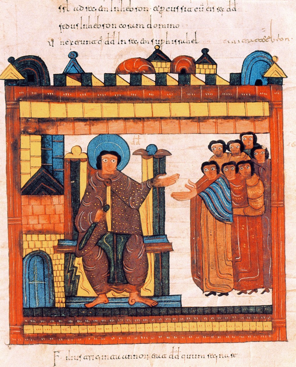 Rei Davi sentado em seu trono e cercado por sua corte, da Bíblia Visigodo-moçárabe de Santo Isidor, em 1262 dC, 960 dC (tempera sobre velino) de Spanish School