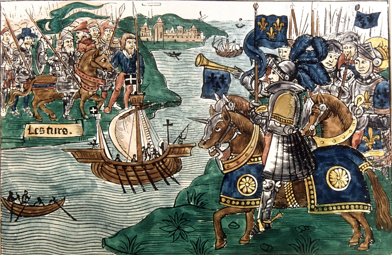 Rei Luís IX (1214-70) e os Cruzados que chegam a Cartago em 1270 (vellum) de Spanish School