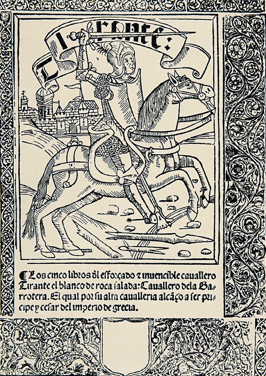 Cavaleiro no seu monte, Frontispício da obra espanhola Tirant lo Blanc de Joanot MARTORELL (1413-1468) de Spanish School