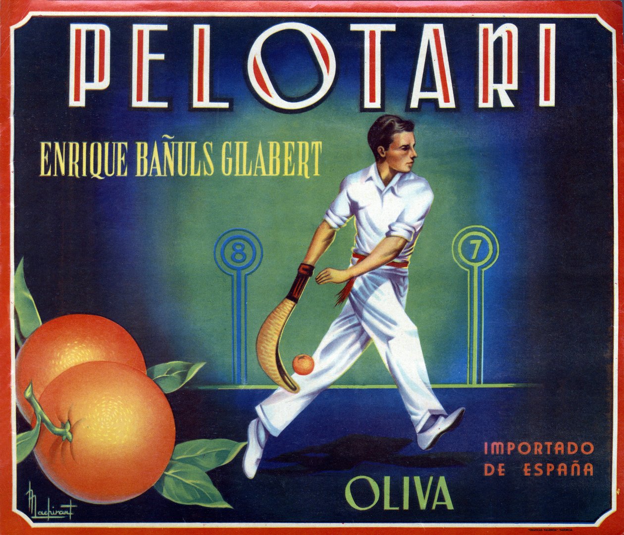 Rótulo para laranjas "Pelotari" produzido pela Oliva em Valência, Espanha. Ilustração de um jogador basco do século XX. de Spanish School