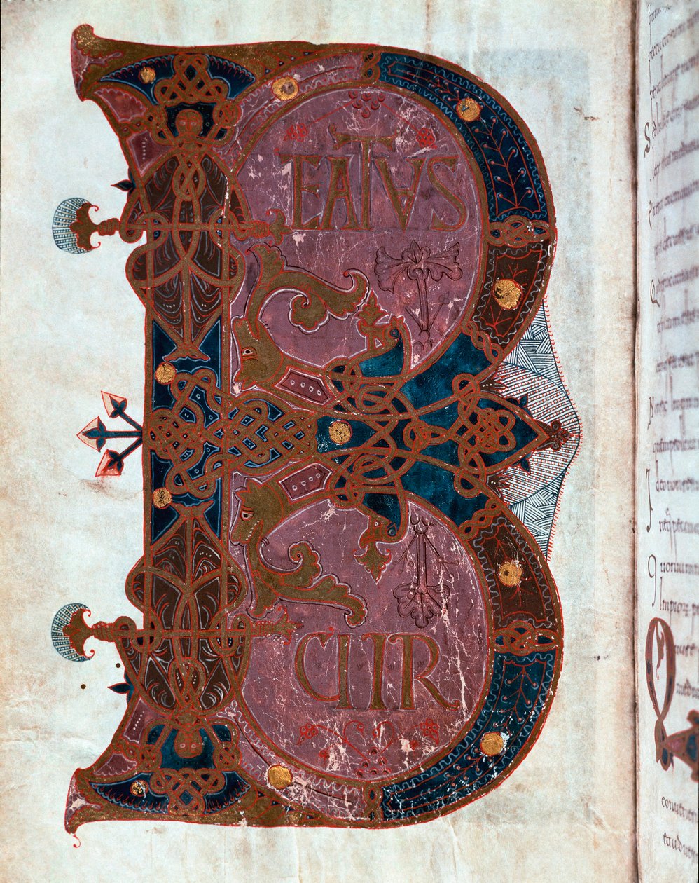 Lettrina B (Beatus). Miniatura extraída do "Livro de Horas de Fernando I de Leon y Castilla de Spanish School