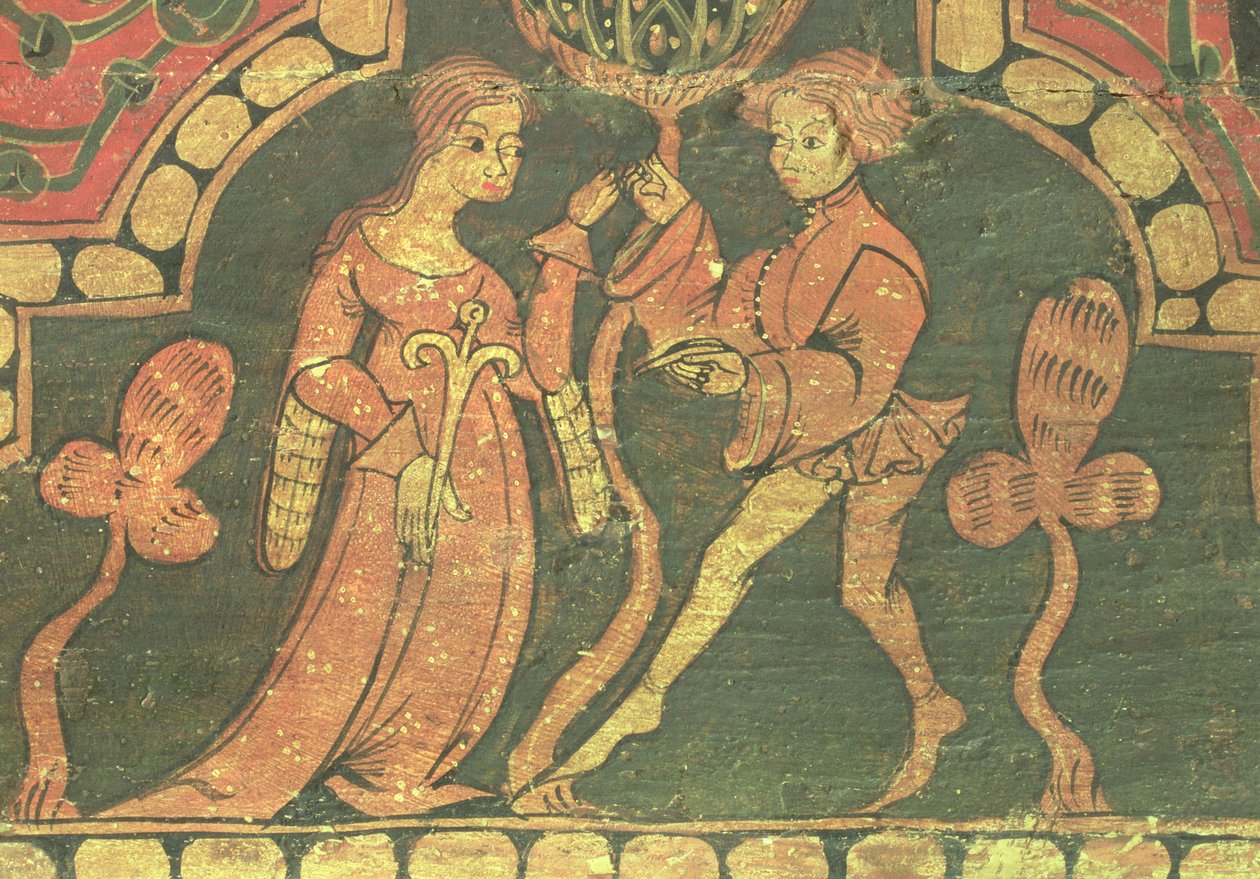 Cena de amor, detalhe de painéis do Castelo de Penafiel, Valladolid , oficina de Claustro de Silos (óleo sobre painel) de Spanish School