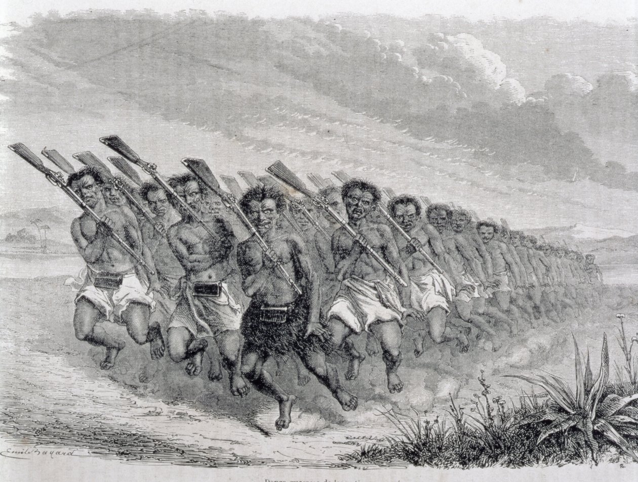 Guerreiros maori realizando uma dança de guerra, ilustração de &39;o retorno ao mundo&39; (gravura) de Spanish School