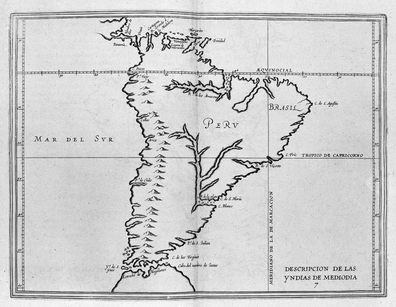 Mapa da América Meridionale (América do Sul ou América Latina) de um volume espanhol de viagens do início do século XVII. O Oceano Pacífico é chamado de Mar do Sul e os países do Peru e do Brasil são nomeados assim como a linha do Equador e a de Spanish School