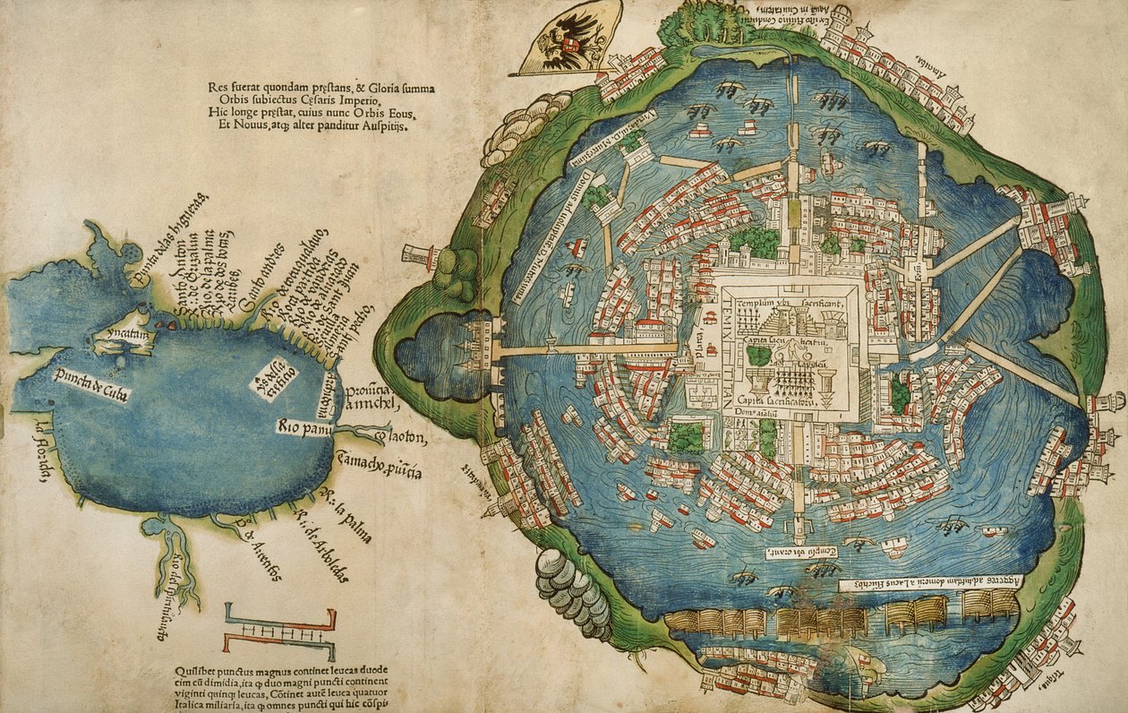 Um mapa de Tenochtitlan e no Golfo do México, de fina Ferdinadi Cortesi falando sobre o New Oceano Atlântico Espanha por Hernando Cortes (1485-1547) 1524 de Spanish School