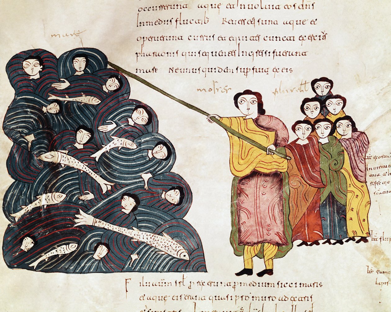 Moisés, depois de levar o povo de Israel através do Mar Vermelho, assistiu ao afogamento dos egípcios. Miniatura de uma Bíblia moçárabe. Século 10. Leão. Biblioteca do Collegiale Real de Saint Isidore. de Spanish School