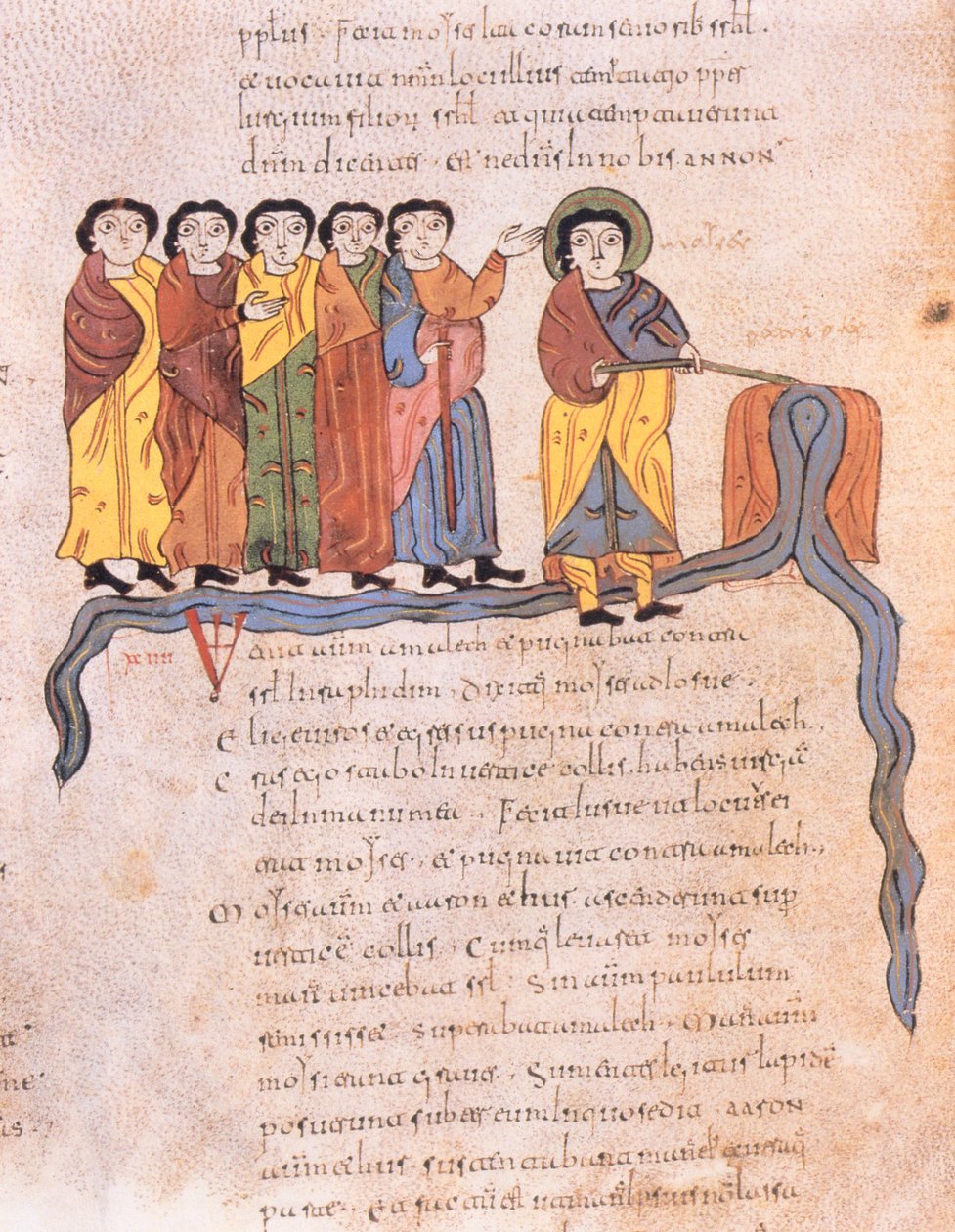 Moisés faz a água fluir das rochas em Horebe, Êxodo 17 1-7, da Bíblia visigodo-moçárabe de Santo Isidor, fol.40v., AD 960 (têmpera sobre velino) de Spanish School