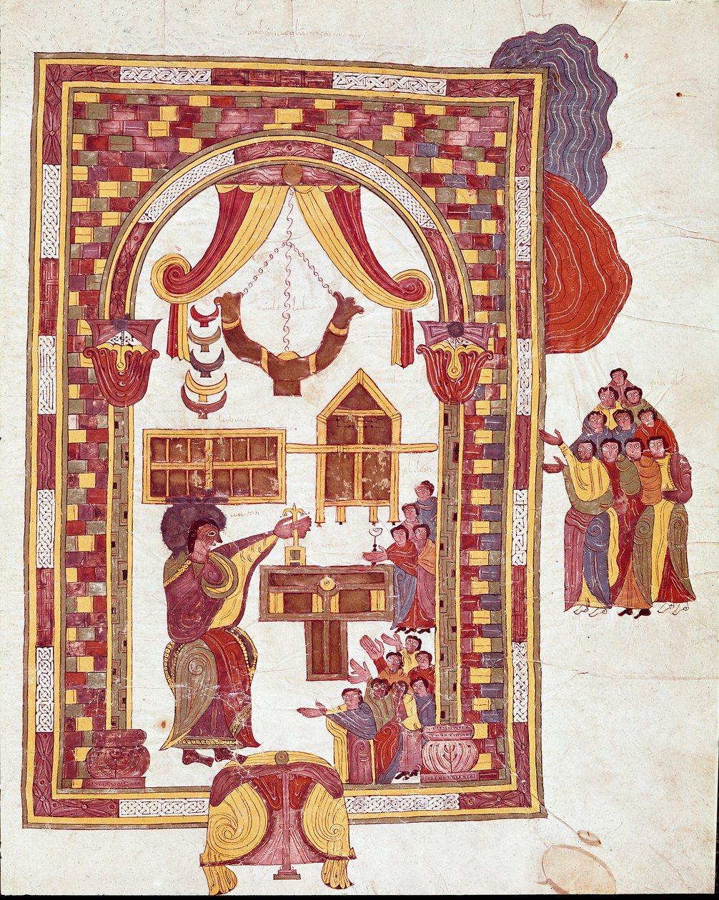 Arte Mozarábica: "o templo de Jerusalém, Arão é representado como sumo sacerdote diante de um altar." Miniatura de uma Bíblia moçárabe. Século 10. Leão. Biblioteca do Real Collegiale de Saint Isidore. Espanha de Spanish School
