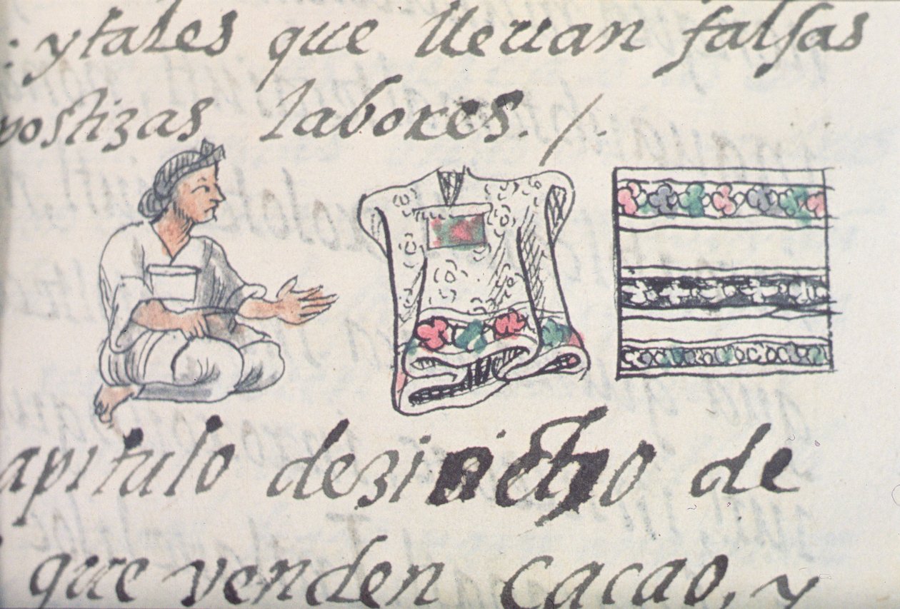 Ms Palat. 218-220 Livro IX Um comerciante asteca vendendo mantos, do códice florentino por Bernardino de Sahagun, c.1540-85 de Spanish School