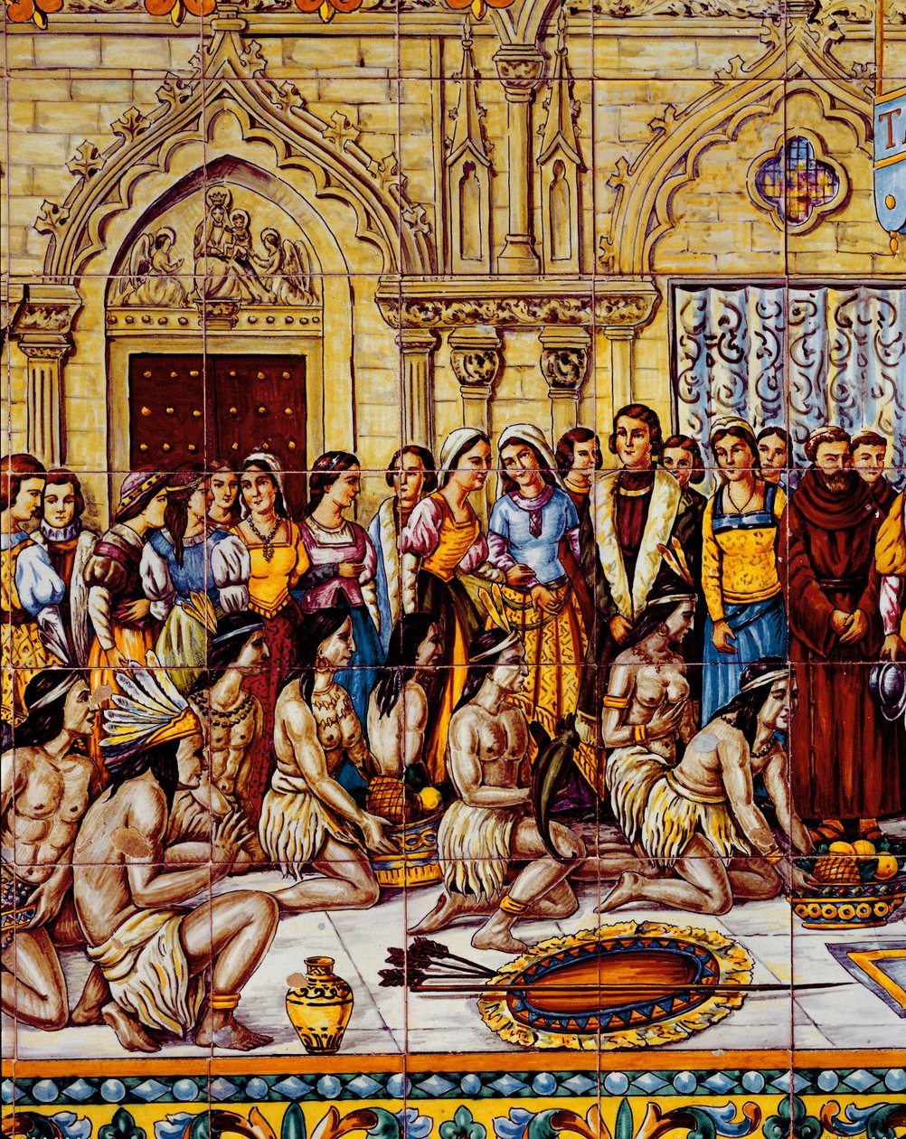 Os nativos americanos trouxeram a comitiva de Colombo para a Espanha em 1492 (cerâmica) de Spanish School