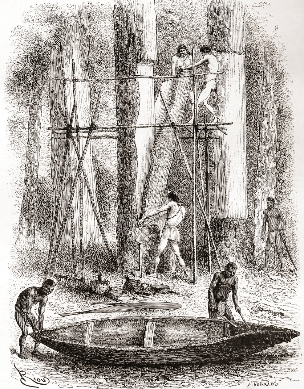Índios nativos construindo uma canoa nas margens do rio Oyapock ou Oiapoque, América do Sul (gravura) de Spanish School