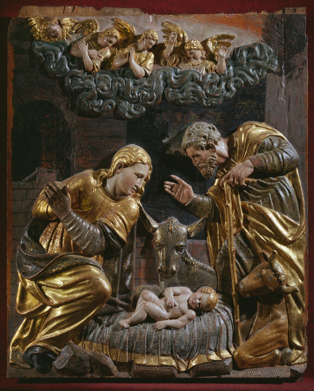 Natividade, detalhe de um retábulo renascentista (madeira pintada e dourada) de Spanish School