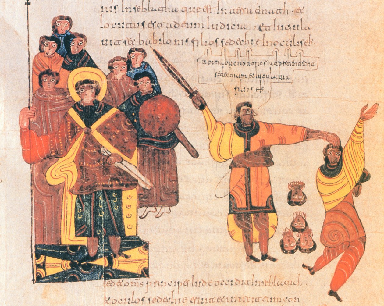 Nabucodonosor ordena que os filhos do rebelde Zedequias sejam mortos, fol.289v., da Bíblia Visigótica-Mozarábica de São Isidoro, a.D. 960 ( tempera on vellum) de Spanish School