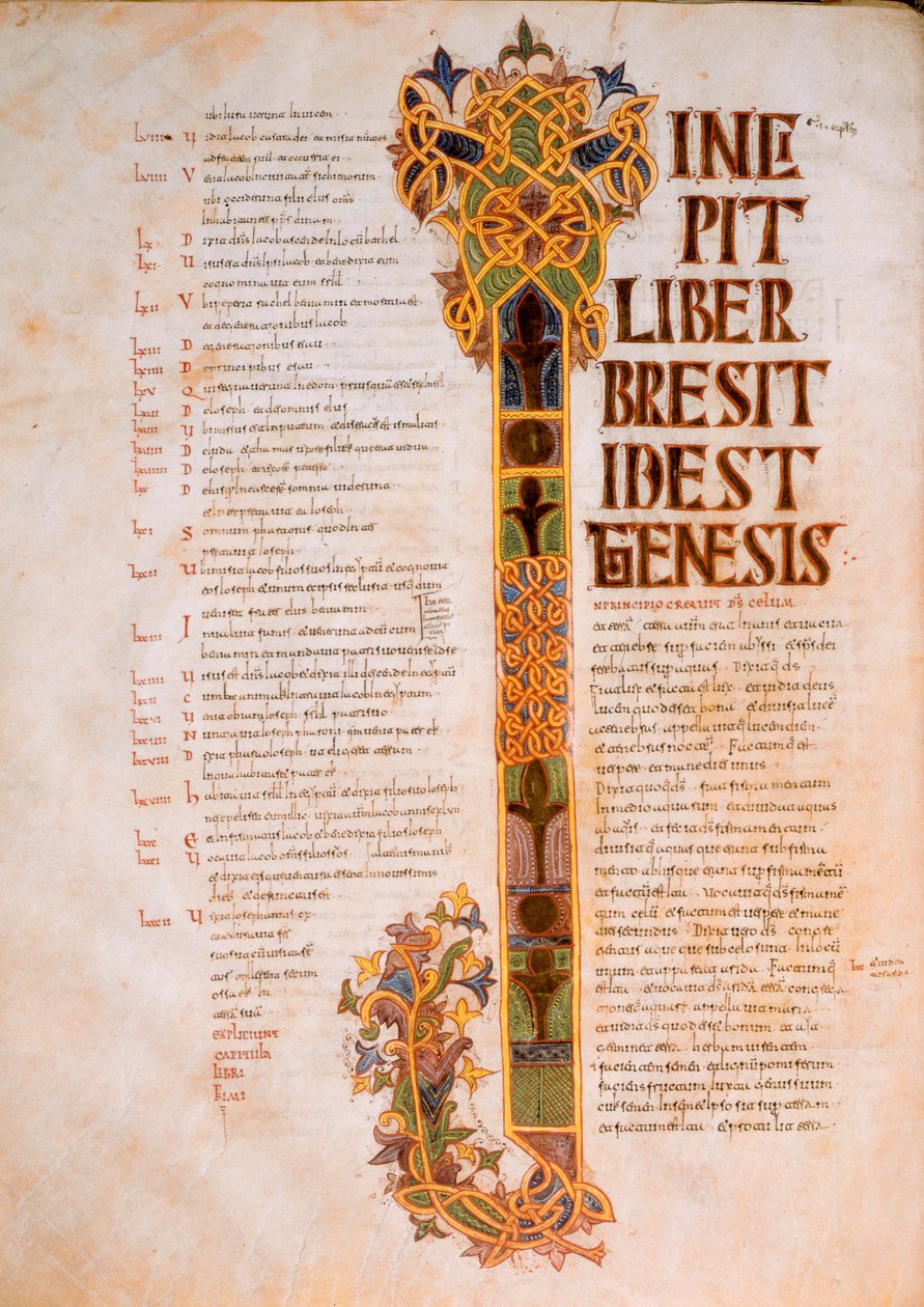 Página de abertura do Livro de Gênesis com o capital I do começo da Bíblia, em Principio creavit Deus caelum, da Bíblia Visigodo-moçárabe de Santo Isidor, fol. 14v, AD 960 (tempera de Spanish School