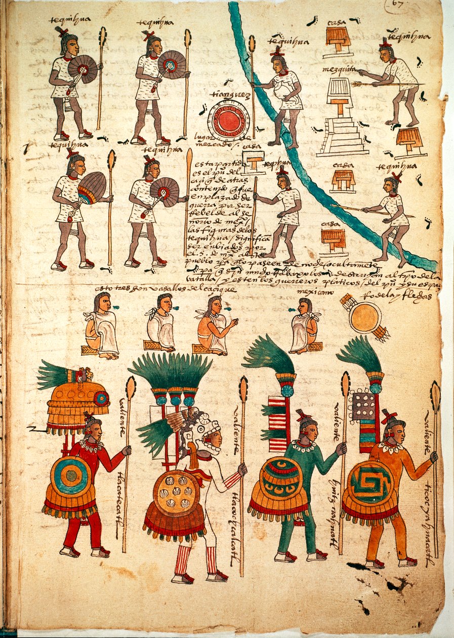 Página do Codex Mendoza mostrando os guerreiros astecas armados com lanças e escudos, c.1541-42 (caneta e tinta sobre papel) de Spanish School