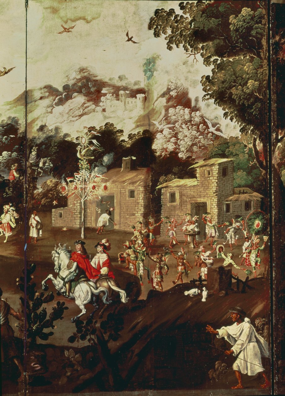Painel de uma tela dobrável representando uma série de casas de pedra com índios a dançar em festa (óleo sobre painel) de Spanish School