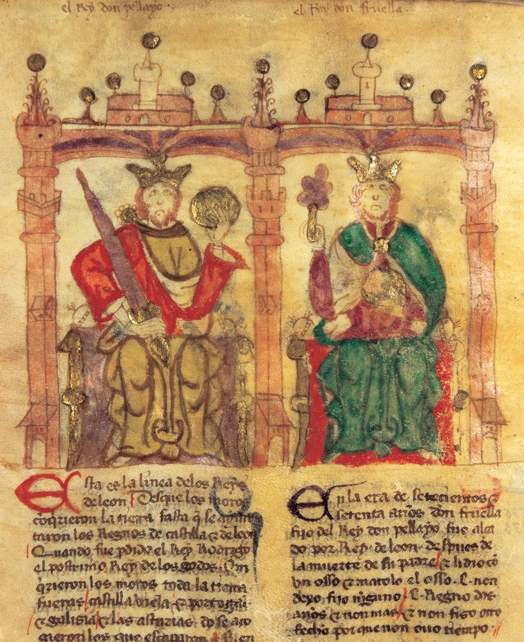 Pelagius (685-737), fundador do Reino das Astúrias e seu neto Fruela I (722-68) (pigmento em velino... de Spanish School