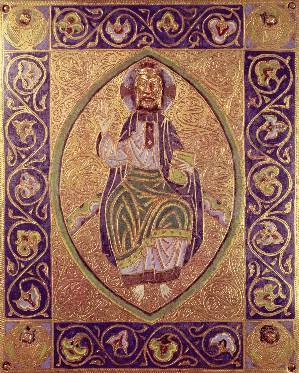 Placa representando bênção de Cristo (ouro e esmalte champleve) de Spanish School