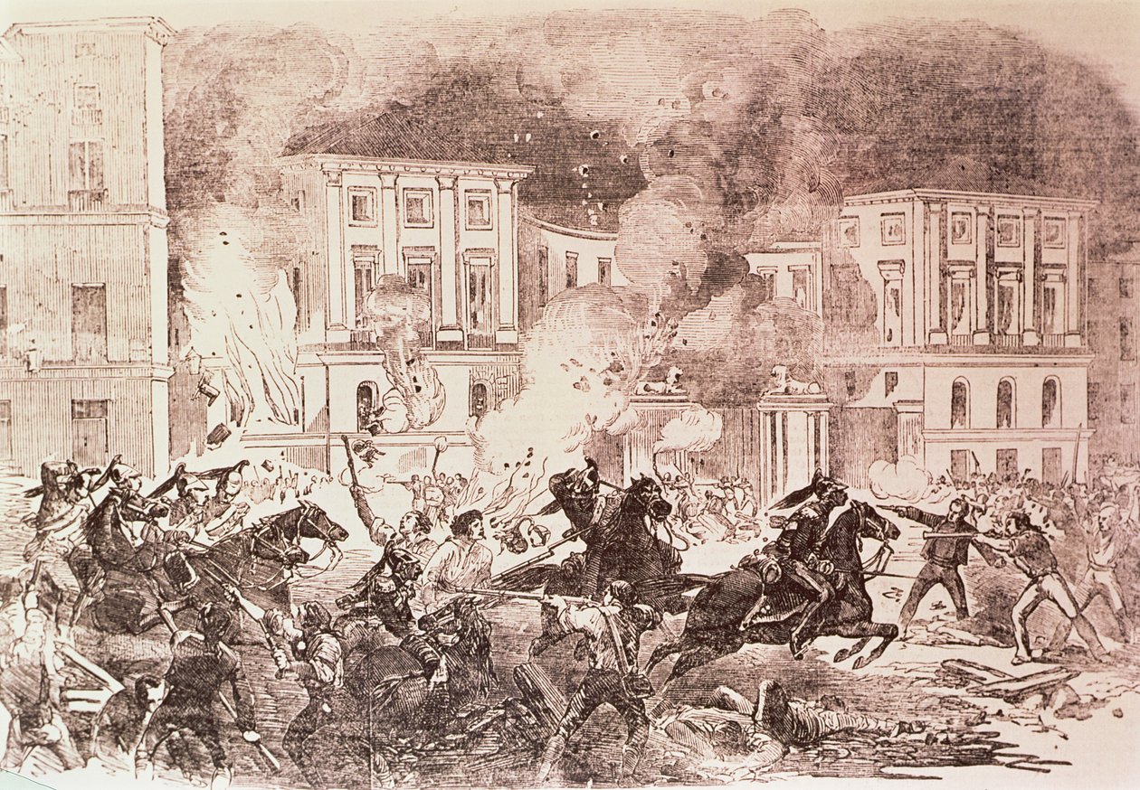 Revoltas populistas em Madri, os desordeiros tentam incendiar o palácio da rainha Maria Cristina em 1854 (lito) de Spanish School