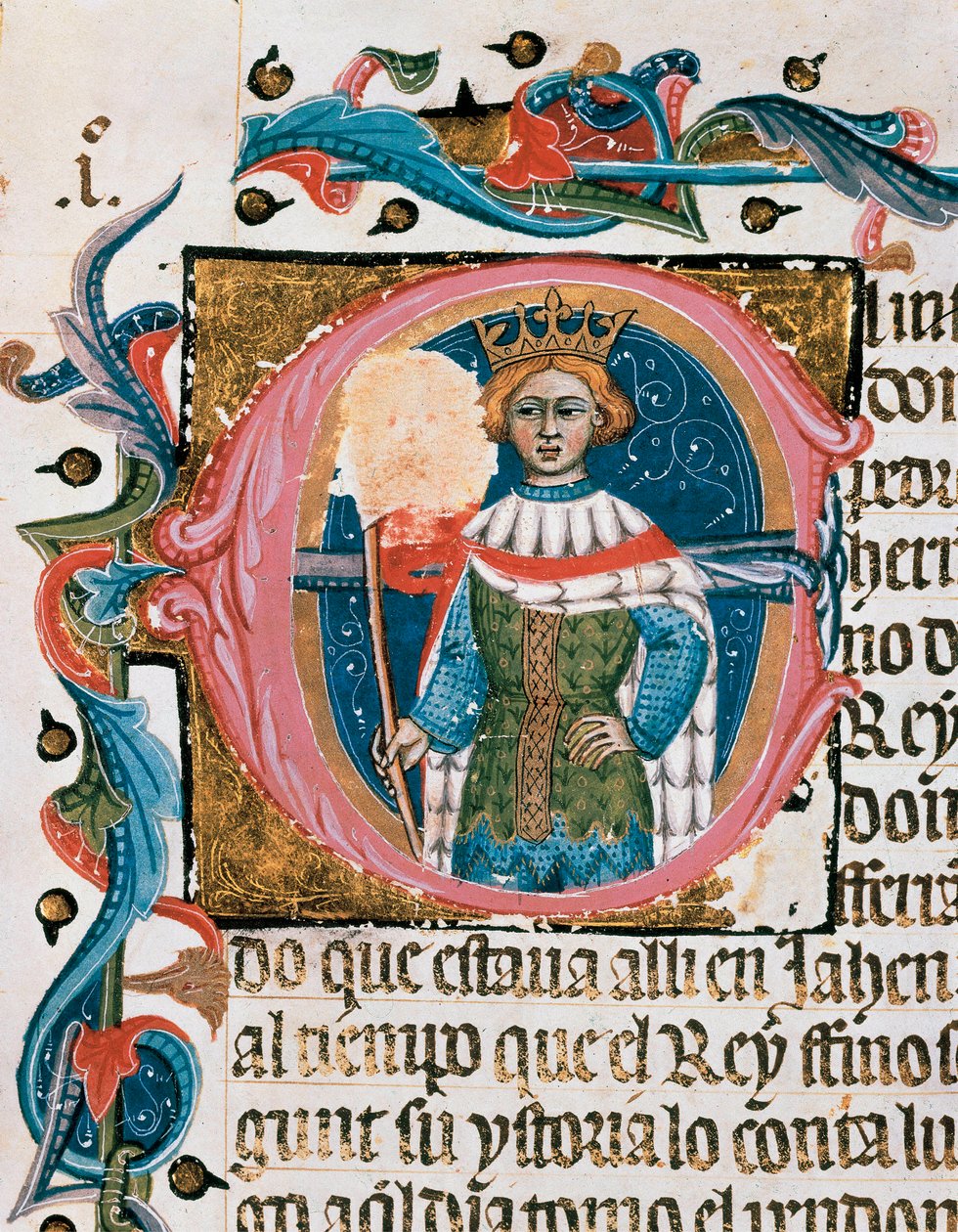 Retrato do rei numa caixa de correio. Miniatura do manuscrito Chronicle of Conquerors de Spanish School