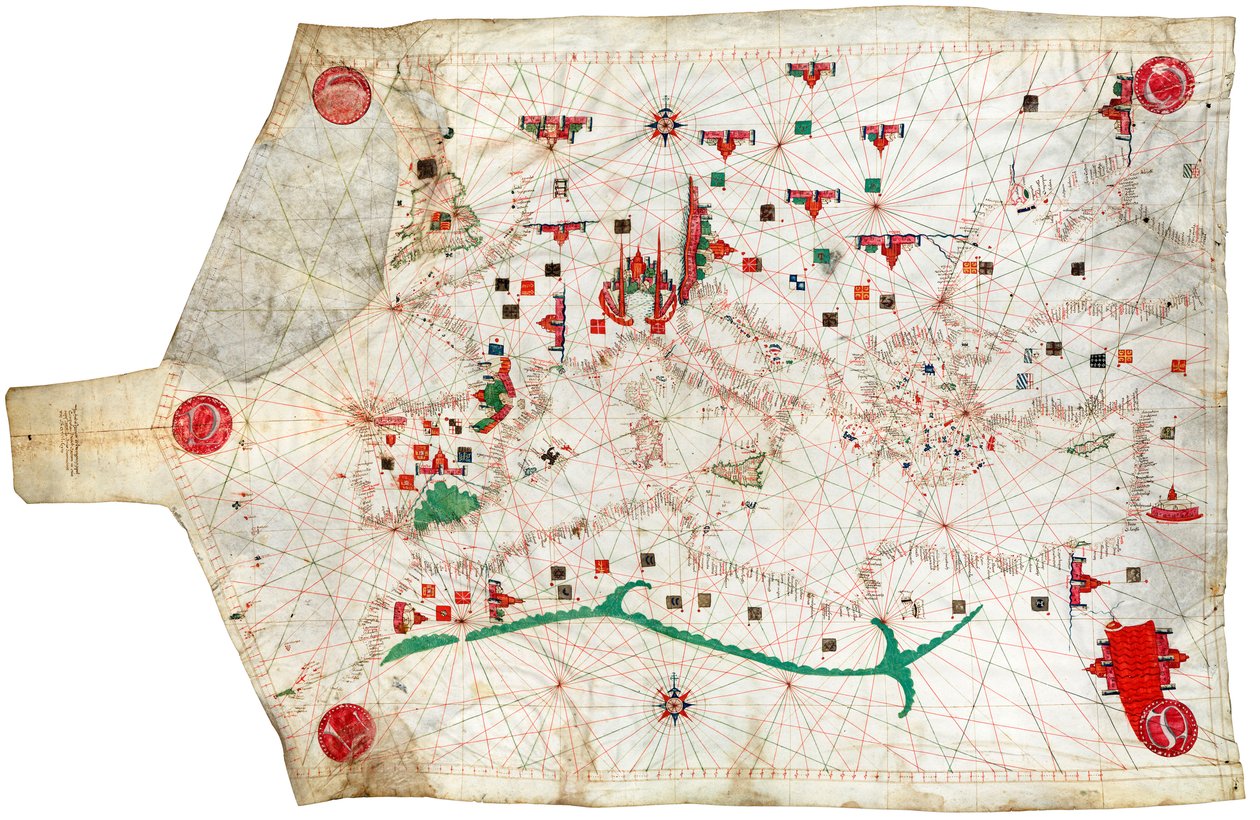Carta portulana do Mar Mediterrâneo e Atlântico NE, esta é a carta portulana mais antiga das colecções do Museu Marítimo Nacional de Spanish School