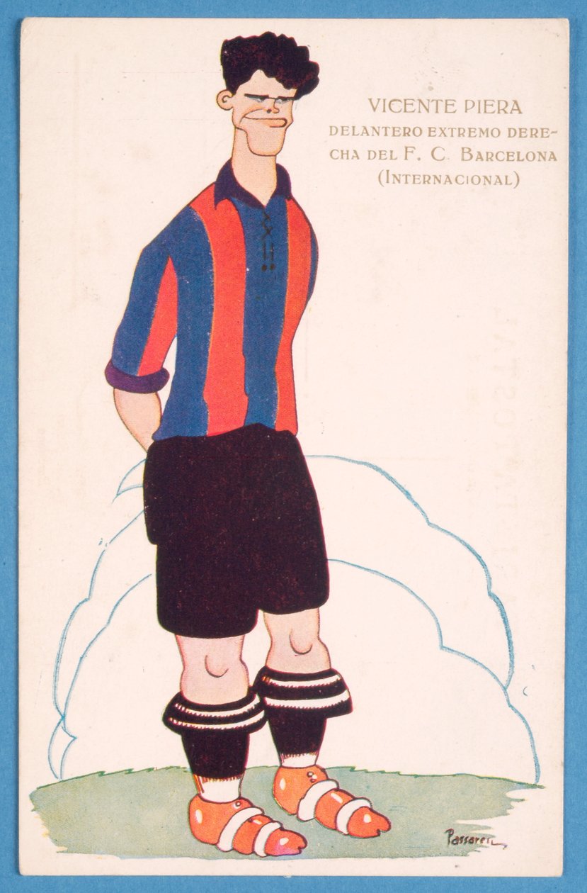 Postal representando uma caricatura do jogador de futebol espanhol Vicente Piera de Barcelona de Spanish School