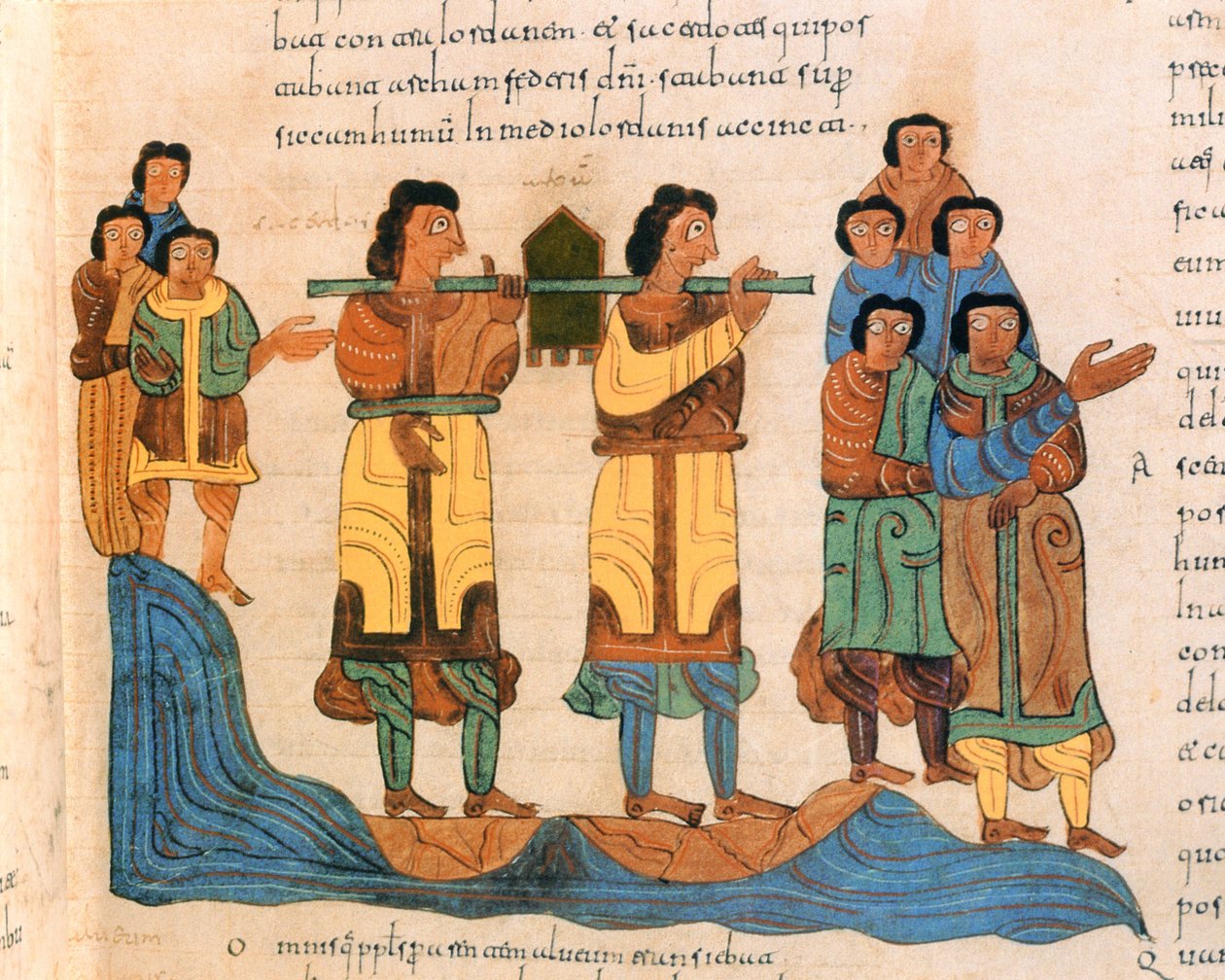 Sacerdotes carregam a Arca da Aliança através do rio Jordão, Êxodo 16: 6, da Bíblia Visigodo-moçárabe de Santo Isidor, fol.90r., AD 960 (têmpera sobre velino) de Spanish School