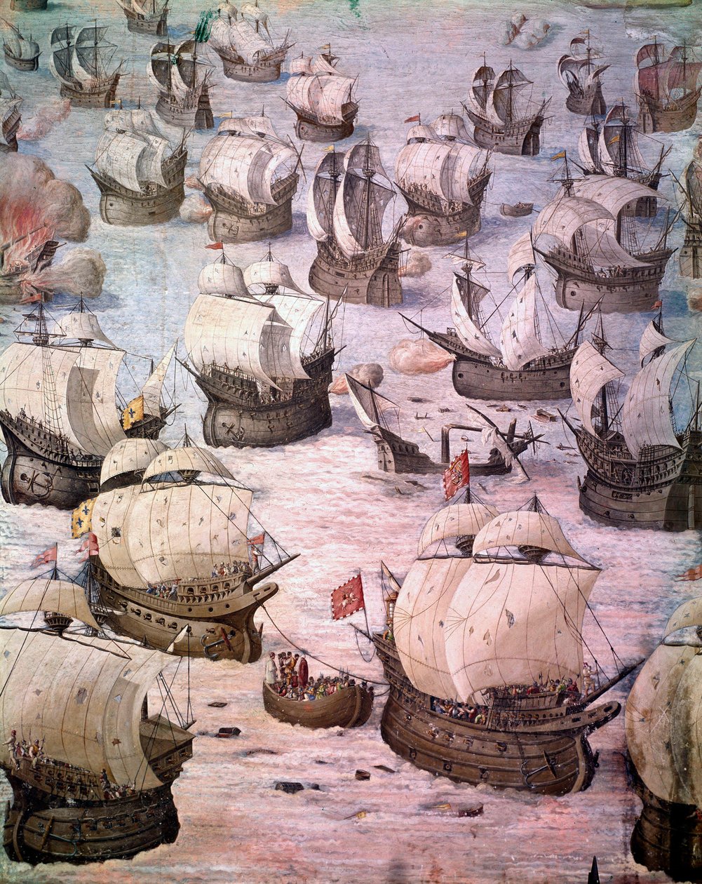 Regata de galeões espanhóis durante uma expedição aos Açores em 1582, sob o comando de Filipe II (1527-1598), Rei de Espanha. Afresco do século XVI. Salão de Batalhas, Palácio do Escorial, Madrid. de Spanish School