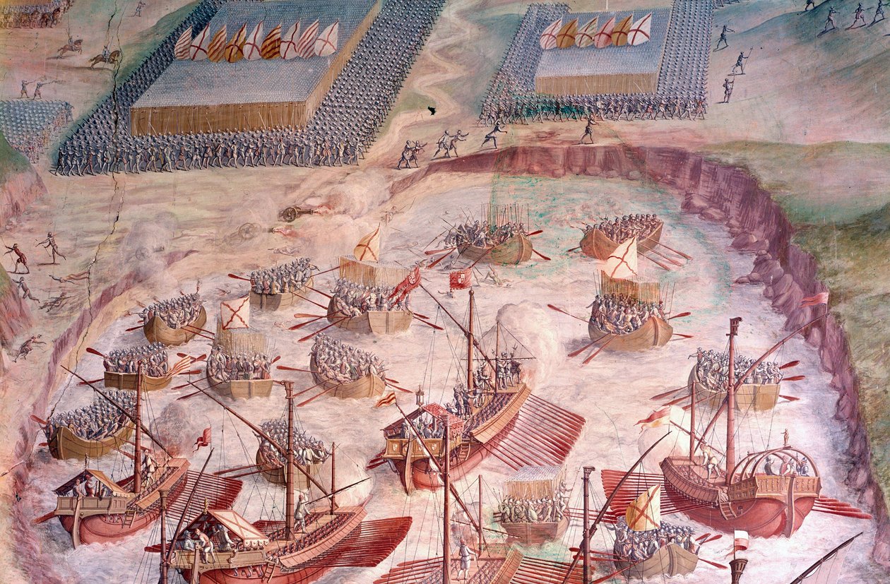Regata de galeões espanhóis durante uma expedição aos Açores em 1582, sob o comando de Filipe II (1527-1598), Rei de Espanha. Afresco do século XVI. Salão de Batalhas, Palácio do Escorial, Madrid. de Spanish School