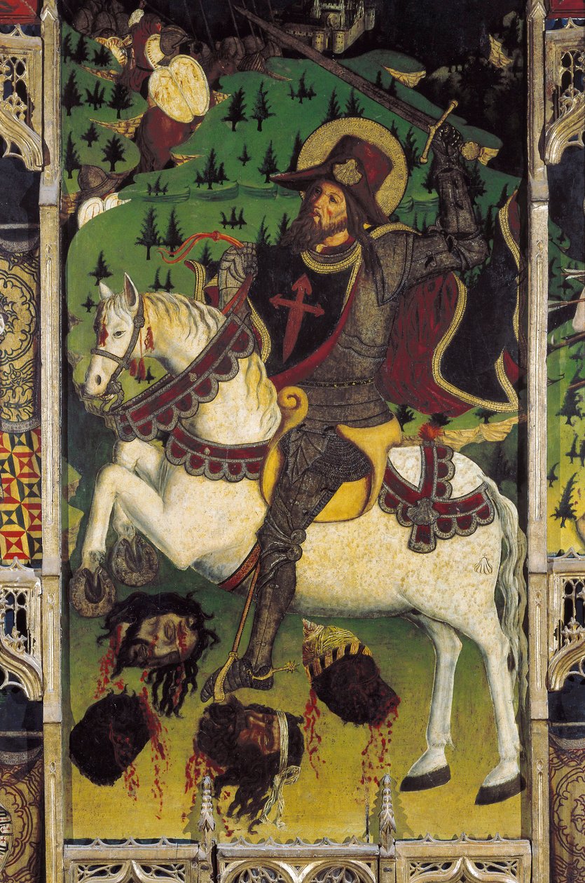 Representação de James Matamore (Santiago Matamoro), de um retábulo na Capela Real do Alcazar de Segóvia, Espanha de Spanish School