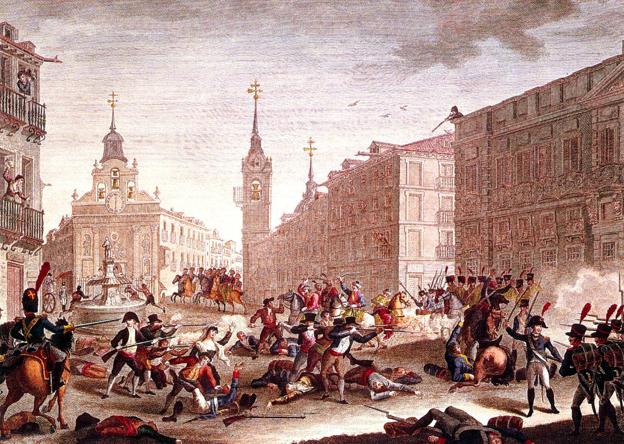 Motins contra as tropas napoleónicas, Madrid, maio de 1808 (gravura a cores) de Spanish School