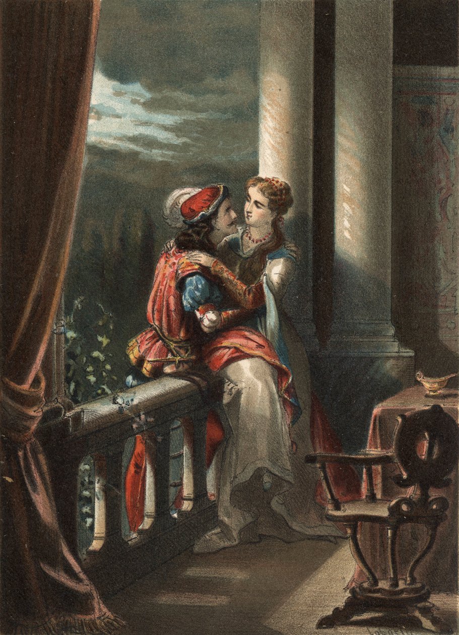 Romeu e Julieta, um conto de Masuccio Salernitano (Masuccio de Salerno), no final do século XV. in "El Culto de la Hermosura" de Juan Justo Huguet, Molinas Hermanos editores de Spanish School