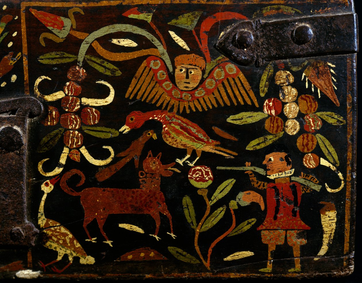 Cena representando motivos espanhóis de caçadores e índios, detalhe de tronco de madeira pintado, período colonial, origem espanhola, Bolívia de Spanish School