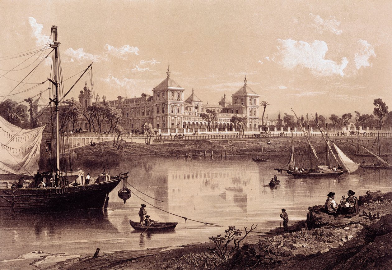 Sevilha, Palácio San Telmo, na margem do rio Guadalquivir. Andaluzia, Espanha (século XIX). Madrid, Biblioteca Nacional. de Spanish School